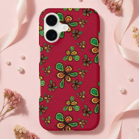 Cute Red Folk Art Floral Doodle Pattern
