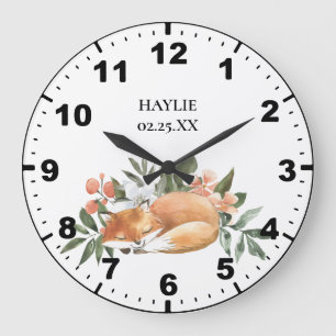 Cute Red Fox Among Flowers and Greenery Large Clock