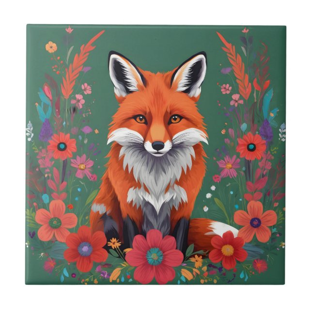 Cute red fox and flowers ceramic tile (Front)