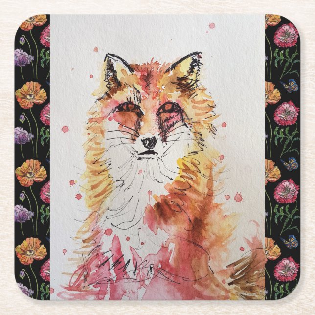 Cute Red Fox and Flowers Drink Coasters (Front)