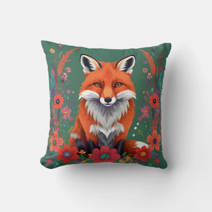 Cute red fox and flowers throw pillow