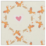 Cute Red Fox and Hearts Wreath Pattern Fabric