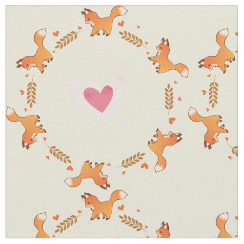 Cute Red Fox and Hearts Wreath Pattern Fabric