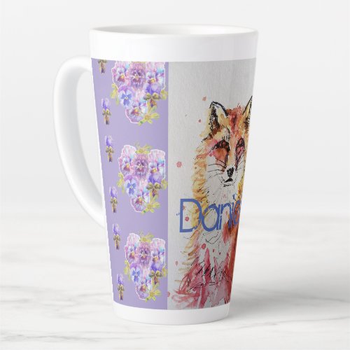 Cute Red Fox Animal Purple Pansies Latte Mug