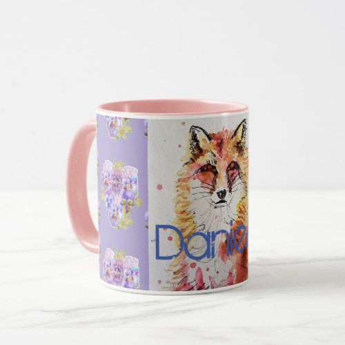 Cute Red Fox Animal Purple Pansies Mug