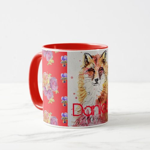Cute Red Fox Animal Roses Floral Watercolor Mug