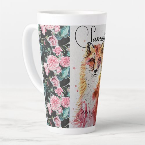 Cute Red Fox Animal Roses Watercolor Latte Mug