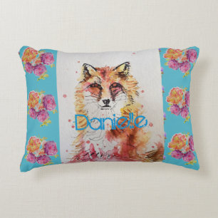 Cute Red Fox Animal Teal Rose Roses Accent Pillow
