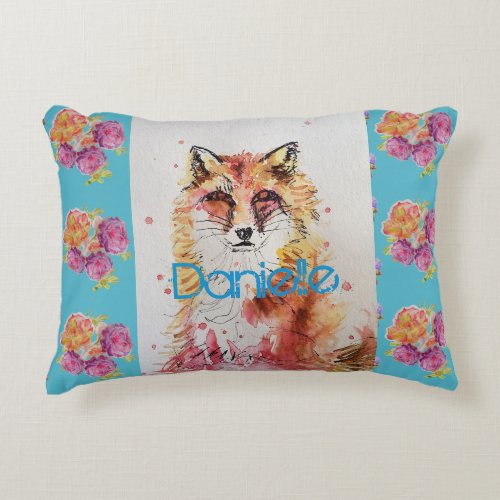 Cute Red Fox Animal Teal Rose Roses Accent Pillow