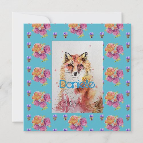 Cute Red Fox Animal Teal Rose Roses Flat Card