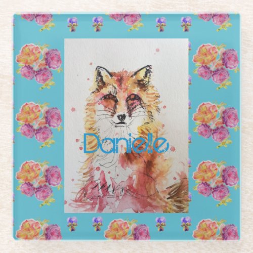 Cute Red Fox Animal Teal Rose Roses Glass Coaster