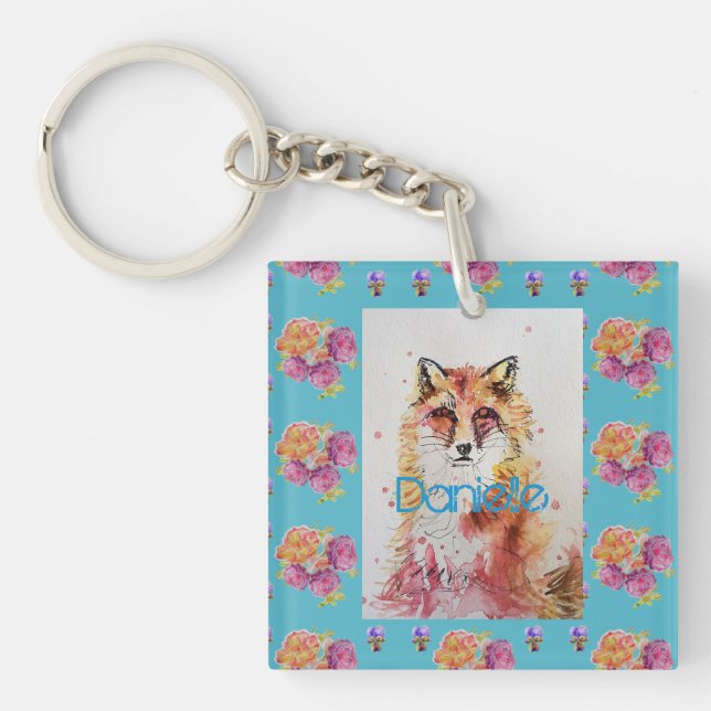 Cute Red Fox Animal Teal Rose Roses Keychain (Front)