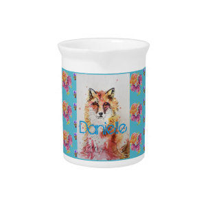 Cute Red Fox Animal Teal Rose Roses Mug Beverage Pitcher