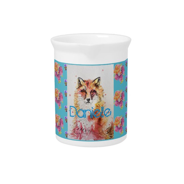Cute Red Fox Animal Teal Rose Roses Mug Beverage Pitcher (Front)