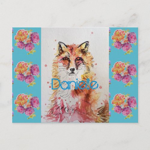 Cute Red Fox Animal Teal Rose Roses Postcard