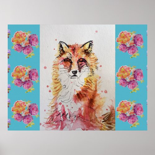 Cute Red Fox Animal Teal Rose Roses Poster