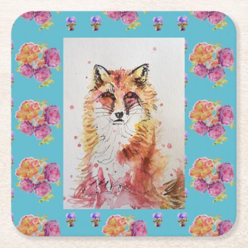 Cute Red Fox Animal Teal Rose Roses Square Paper Coaster