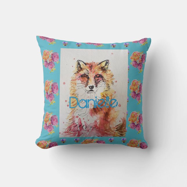 Cute Red Fox Animal Teal Rose Roses Throw Pillow (Front)