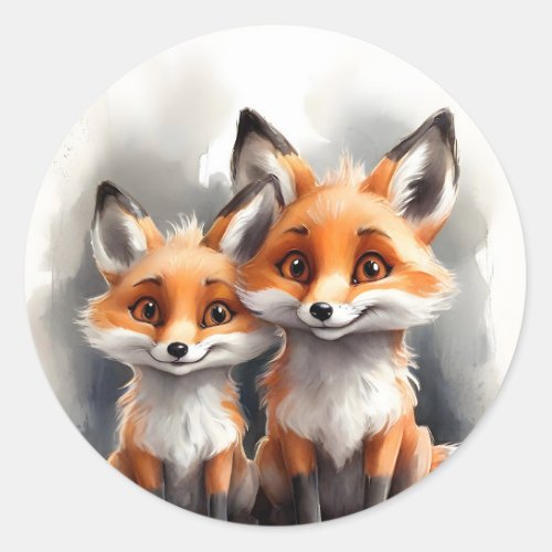 Cute Red Fox Brother Sister Friend Pals Portrait  Classic Round Sticker