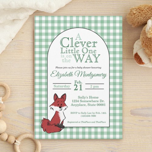Cute Red Fox Clever One Green Gingham Baby Shower Invitation