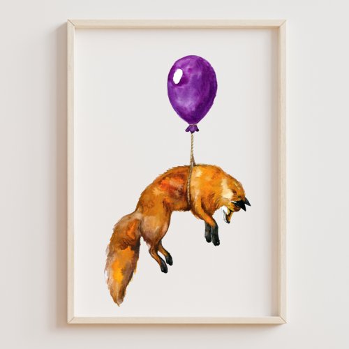 Cute Red Fox Floating with Balloon  Poster