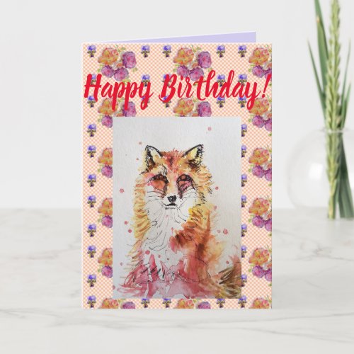 Cute Red Fox Flower Floral Happy Birthday art Card