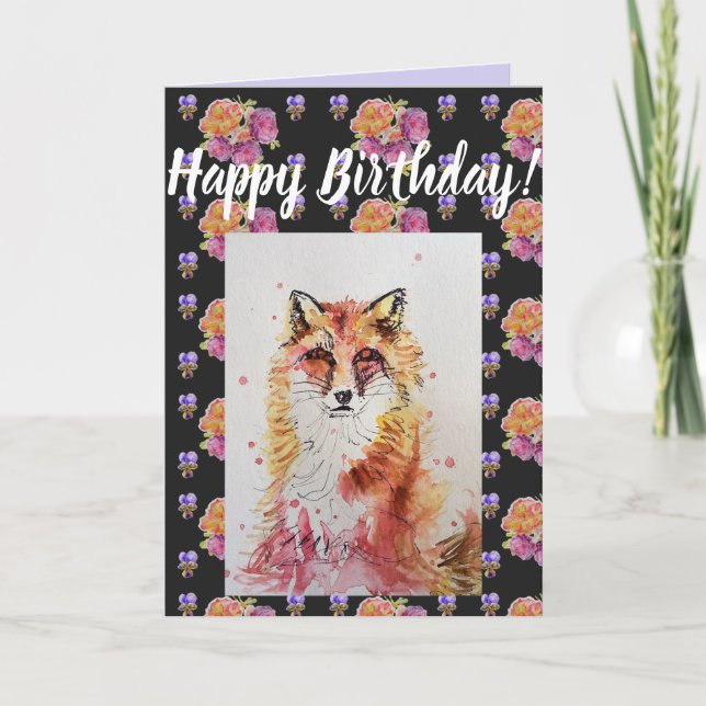 Cute Red Fox Flower Floral Happy Birthday art Card (Front)