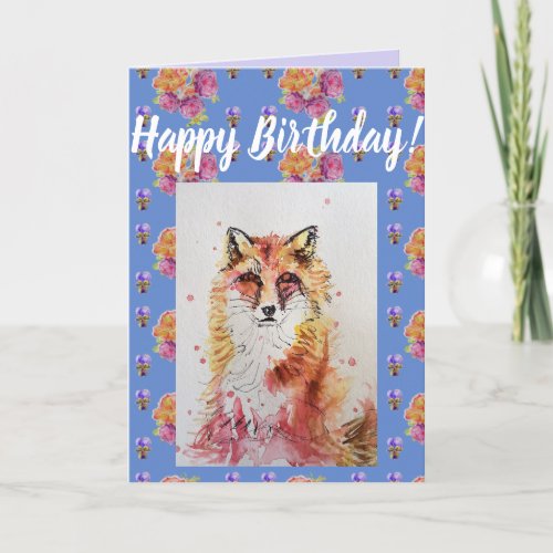 Cute Red Fox Flower Floral Happy Birthday art Card