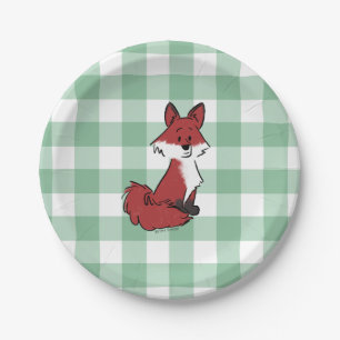 Cute Red Fox Green Gingham Baby Shower Paper Plates