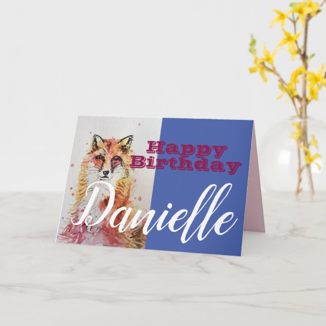 Cute Red Fox Happy Birthday Womans Name Card (Yellow Flower)