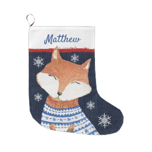 Cute Red Fox in Blue White Sweater Snowflakes Name Large Christmas Stocking