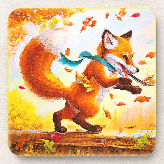 Cute Red Fox in Fall Season Painting. Buy Now Beverage Coaster (Front)