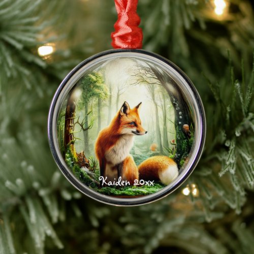  Cute Red Fox in Snowglobe Metal Ornament