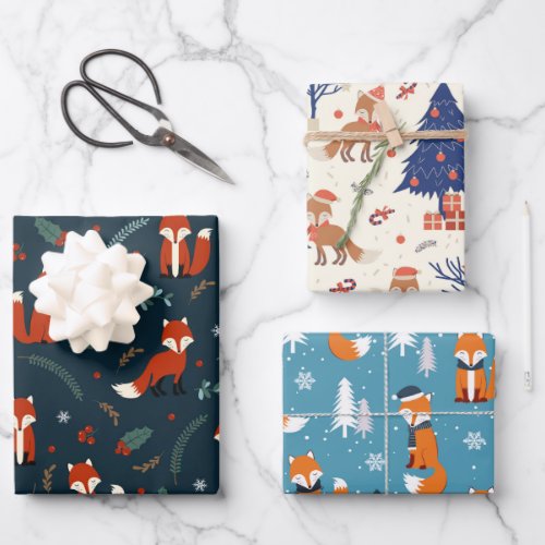 Cute Red Fox in Three Christmas Patterns Wrapping Paper Sheets