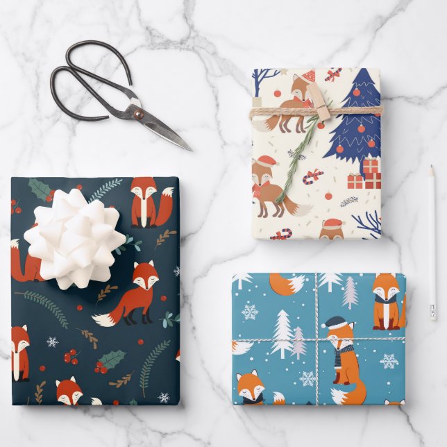 Cute Red Fox in Three Christmas Patterns Wrapping Paper Sheets (Front)