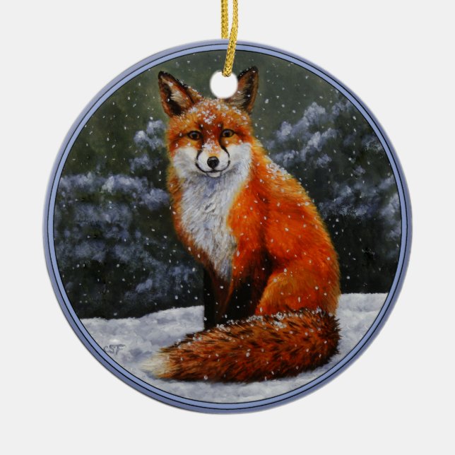 Cute Red Fox in Winter Snow Ceramic Ornament (Front)