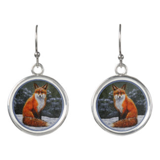 Cute Red Fox in Winter Snow Earrings