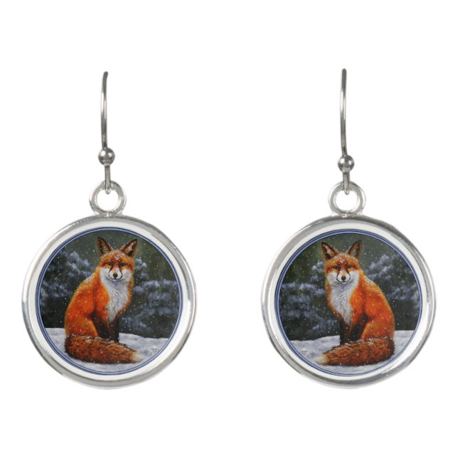 Cute Red Fox in Winter Snow Earrings (Front)