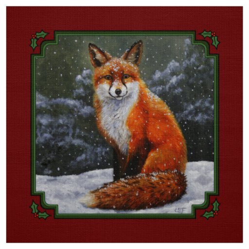 Cute Red Fox in Winter Snow Fabric