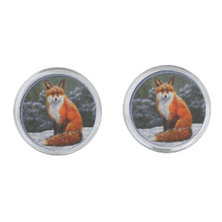 Cute Red Fox in Winter Snow Silver Cufflinks