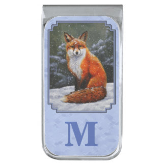 Cute Red Fox in Winter Snow Silver Finish Money Clip