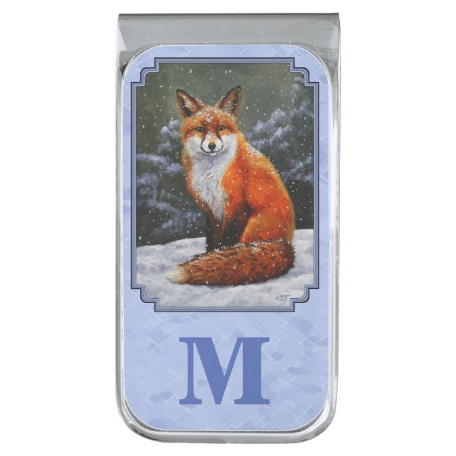 Cute Red Fox in Winter Snow Silver Finish Money Clip (Front Vertical)