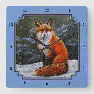 Cute Red Fox in Winter Snow Square Wall Clock