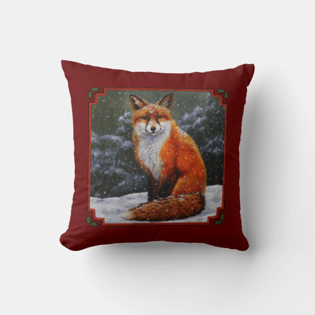 Cute Red Fox in Winter Snow Throw Pillow (Front)