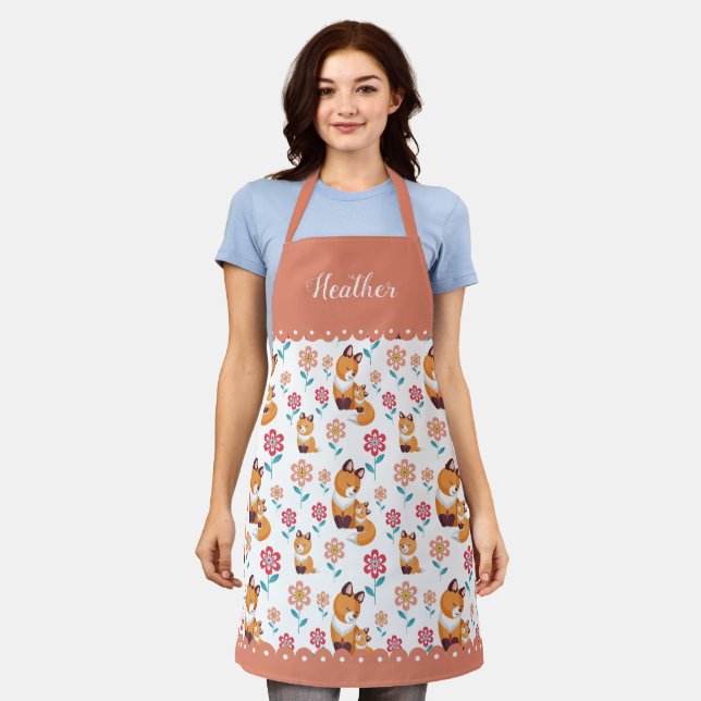 Cute red fox mother and baby flowers pattern coral apron (Worn)