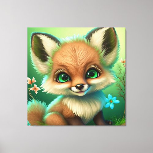 Cute Red Fox Orange Blue Flower Canvas Print