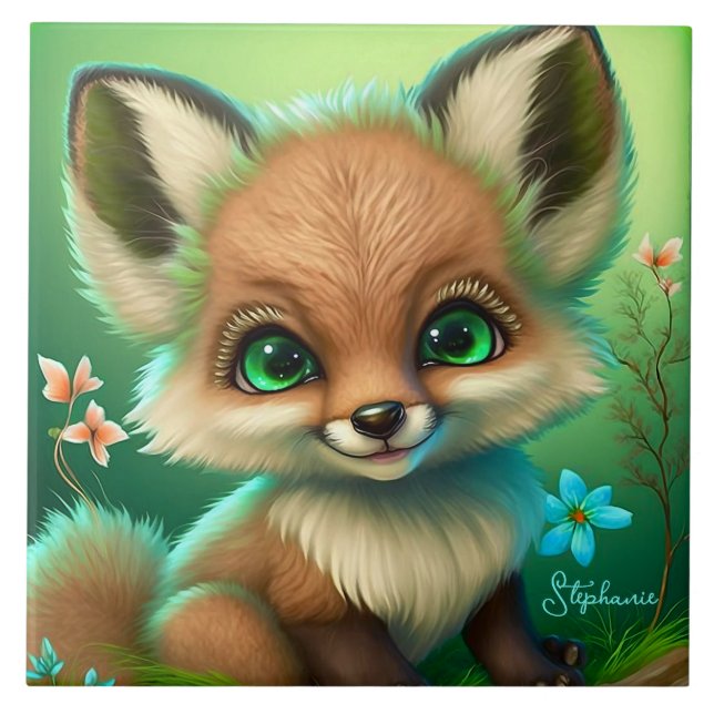 Cute Red Fox Orange Blue Flower Green Ceramic Tile (Front)