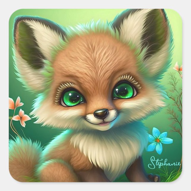 Cute Red Fox Orange Blue Flower Square Sticker (Front)