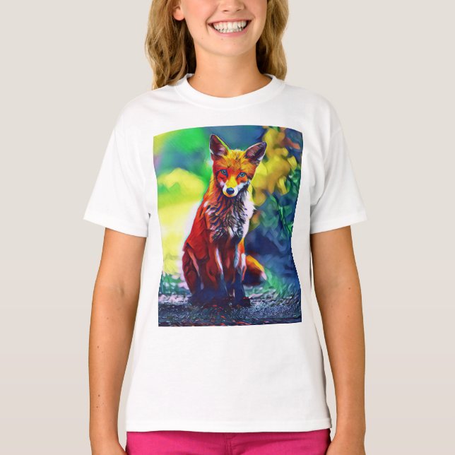 Cute Red Fox Portrait Painting Digital Art T-Shirt (Front)