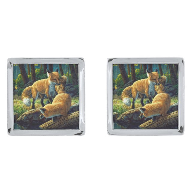 Cute Red Fox Pups Playing Cufflinks (Front)